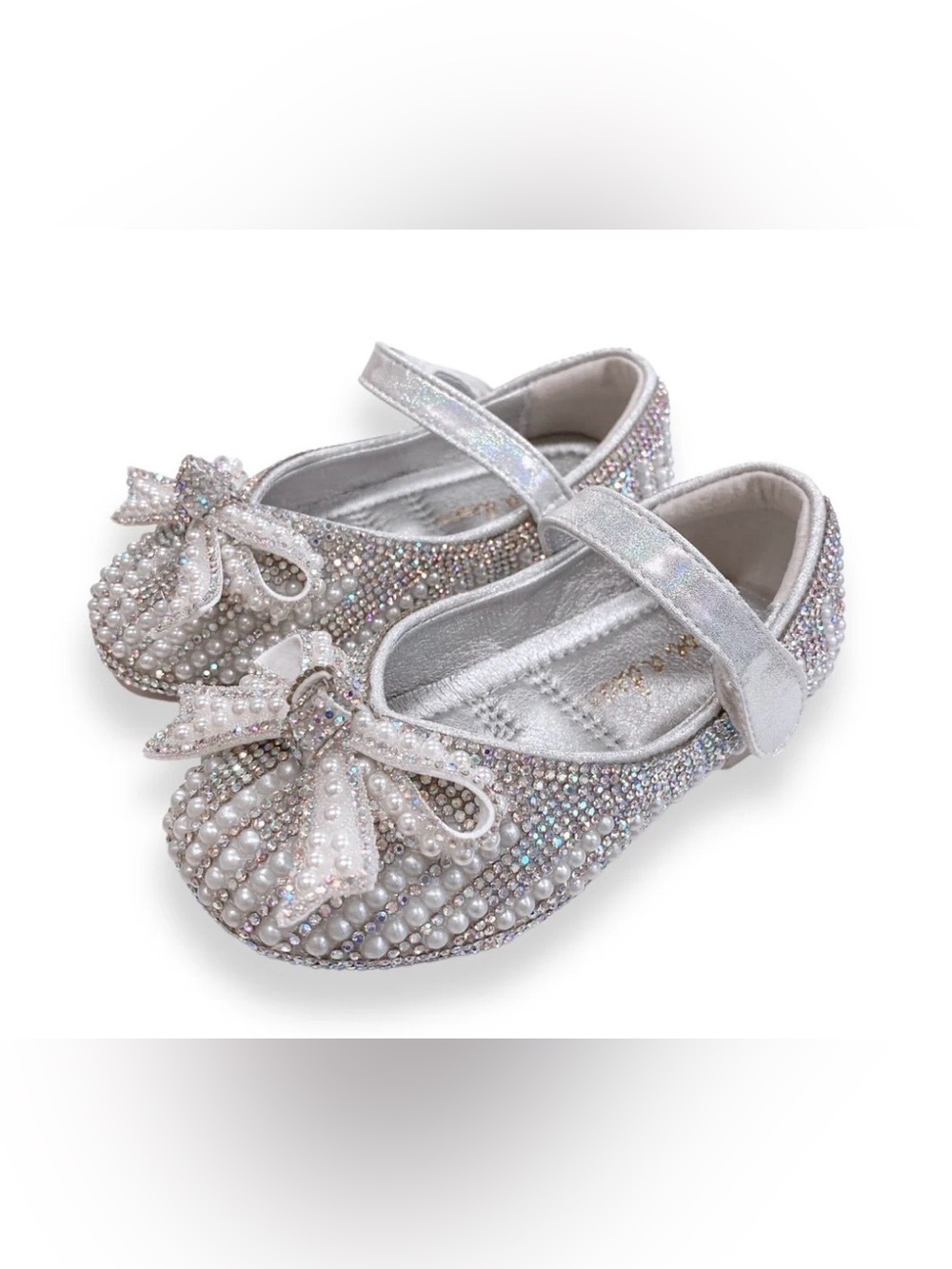 Doe A Dear Girls Silver Pearls and Rhinestones Bows Mary Jane Shoes 22/6 NWT - Picture 2 of 12